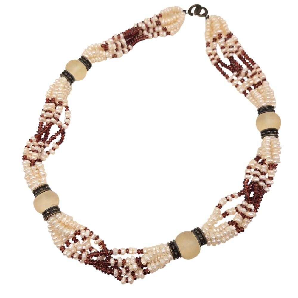Vintage FR Garnet & Pearl Necklace 1980s Artisan Multi-Strand Boho Tribal Ethnic